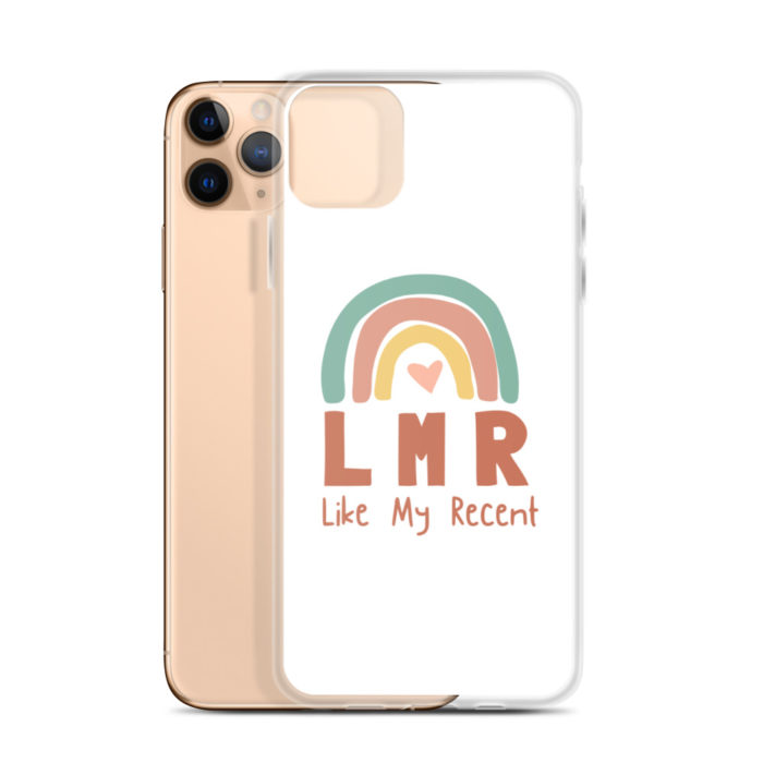 phone case and a phone that is peach colour. The phone case has a rainbow with muted colours and a heart in the middle with BIG Letters underneath that says "LMR" Like My Recent