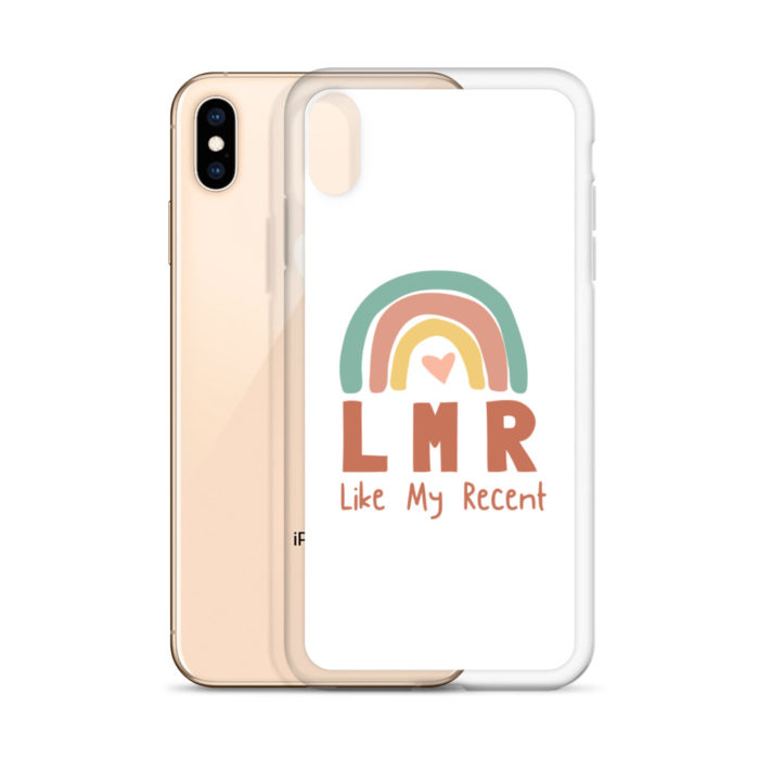 Pink iphone behind a white iphone case. The case has a rainbow with 3 colors, muted green, a rose brown and yellow with a pink heart in the middle. At the bottom of the Rainbow are the Letters LMR in soft brown and under those letters are "like my recent"